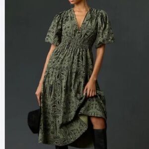 Pilcro Corduroy Ruched Midi Dress, Green, size Large